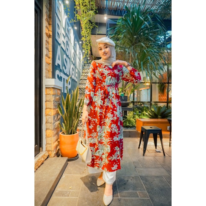 Mini Dress Midi Flower Busana Muslimah Busui Katun Rayon - Putih polos lengan panjang lengan balon b
