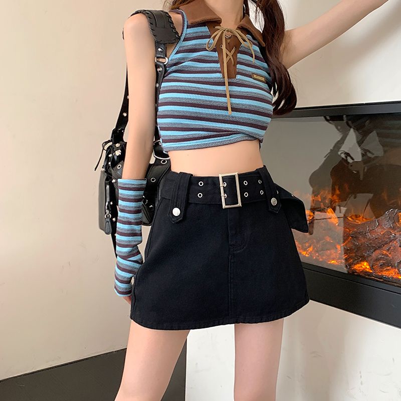 Red Hot girl a-line denim skirt women s summer new pink bag hip skirt anti-light skirt high waist slimming short skirt