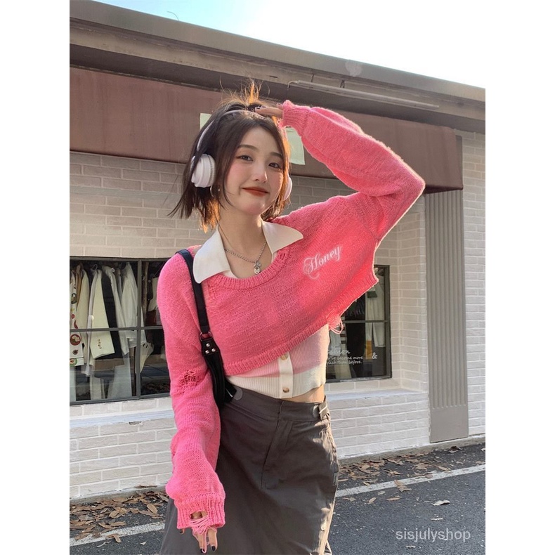 [✅BISA COD] #Sisjuly# Sweater rajutan rajutan lengan panjang berlubang merah muda berongga / pullove