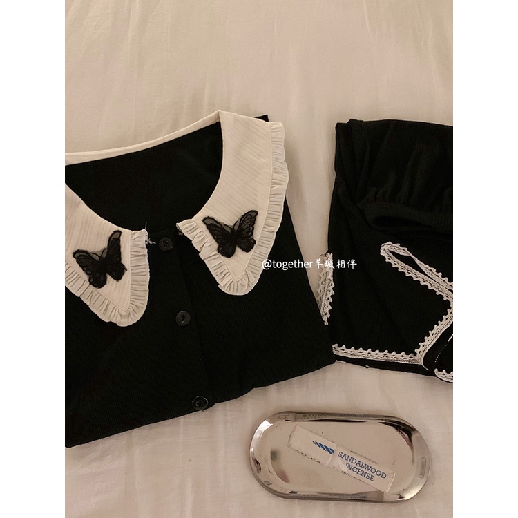 ✘✳✸Stelan baju tidur wanita pajamas women s 2022 summer pure cotton new black butterfly high-quality home service thin section short-sleeved cardigan two-piece set #COD baju tidur wanita bahan kaos