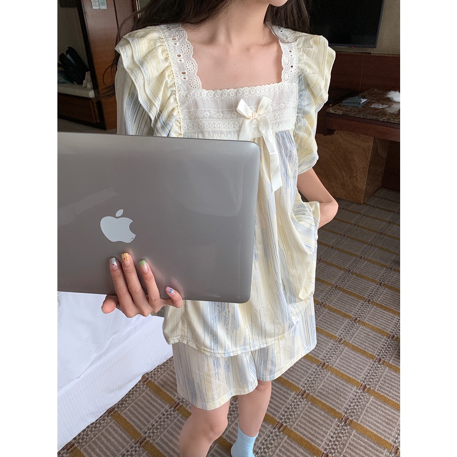 ◑stelan baju tidur wanita xinbangbang Homedress square neck ruffled pajamas ladies summer thin comfortable skin-friendly nightdress home service #COD baju tidur wanita bahan kaos