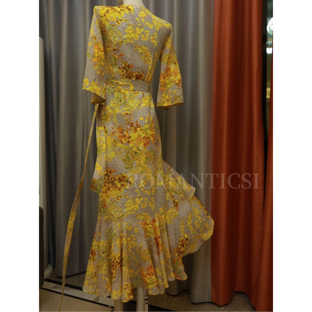 dress floral korea ROMANTICSI Gaun Liburan Musim Panas Motif Bunga Kuning Emas Gaya Perancis