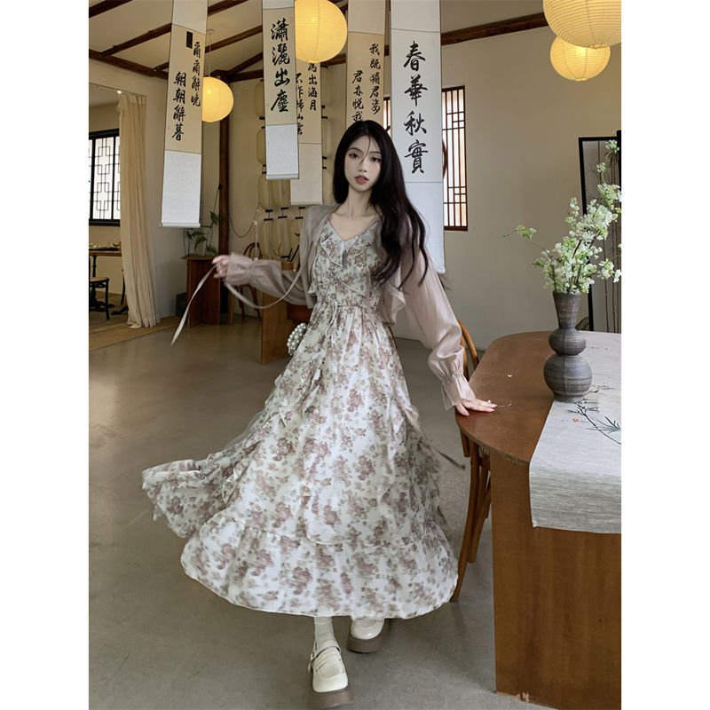 dress floral korea Rok Suspender Elegan Kerutan Prancis+Gaun Kardigan Wanita, Rok Setelan Musim Pana