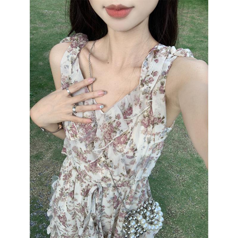 dress floral korea Rok Suspender Elegan Kerutan Prancis+Gaun Kardigan Wanita, Rok Setelan Musim Pana