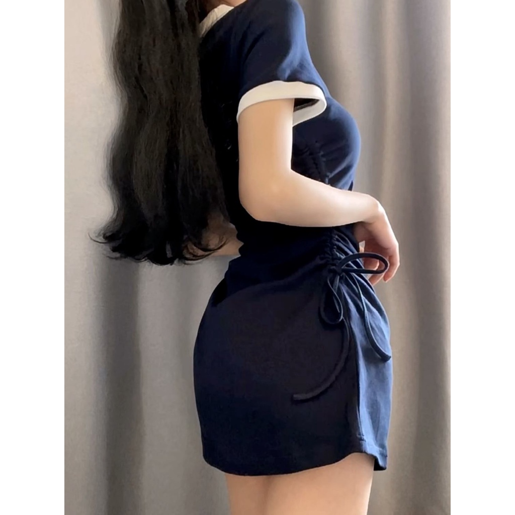 dress floral korea Garam Manis dan Pedas Gaya Kuliah Amerika SerutpoloRok Pendek Elastis Murni, Bawa