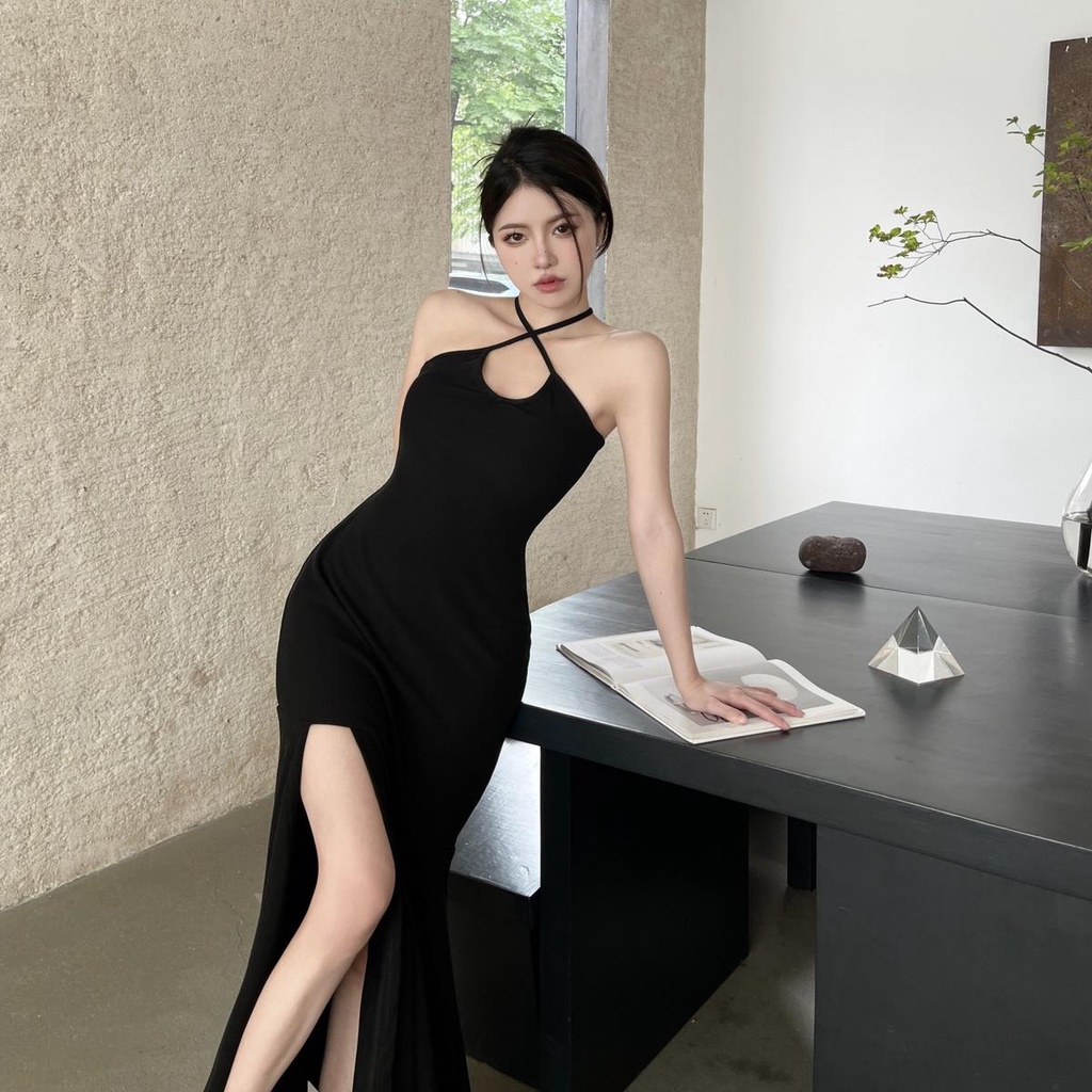 Gaun Tali Hitam Gaya Perancis, Gaun Ekor Ikan Split Slim-Fit Tidak Beraturan midi dress korea dress