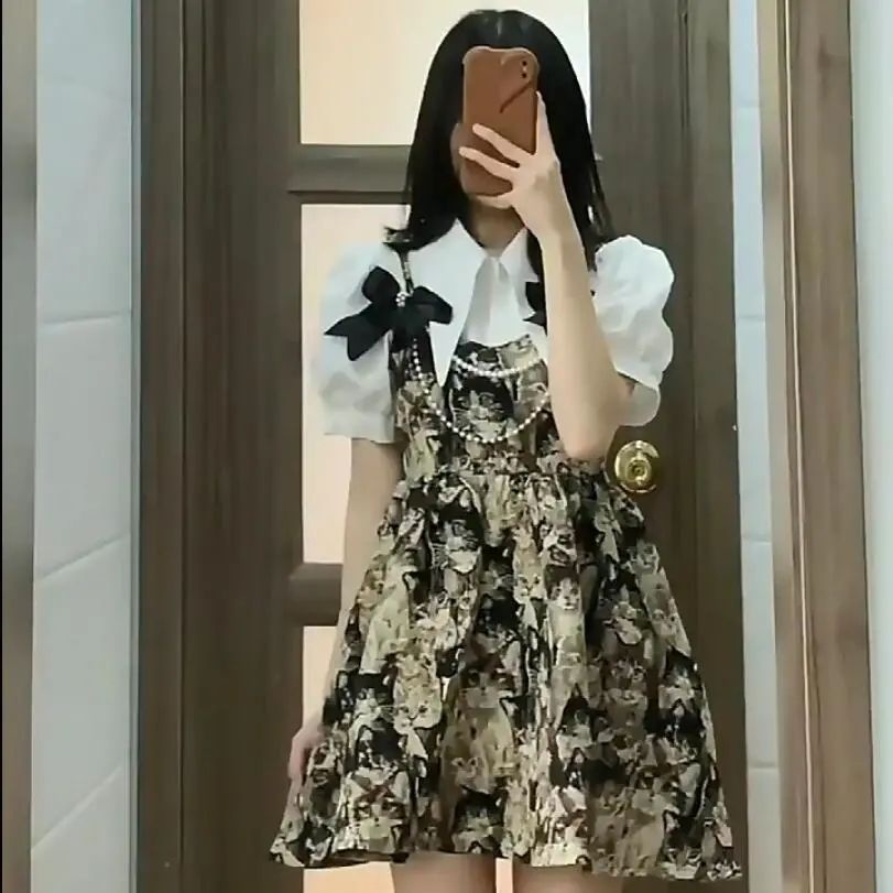 2023Setelan Dua Potong Gaya Klasik, Gaun Tali Kucing Gaya Barat Kemeja Putih midi dress korea dress