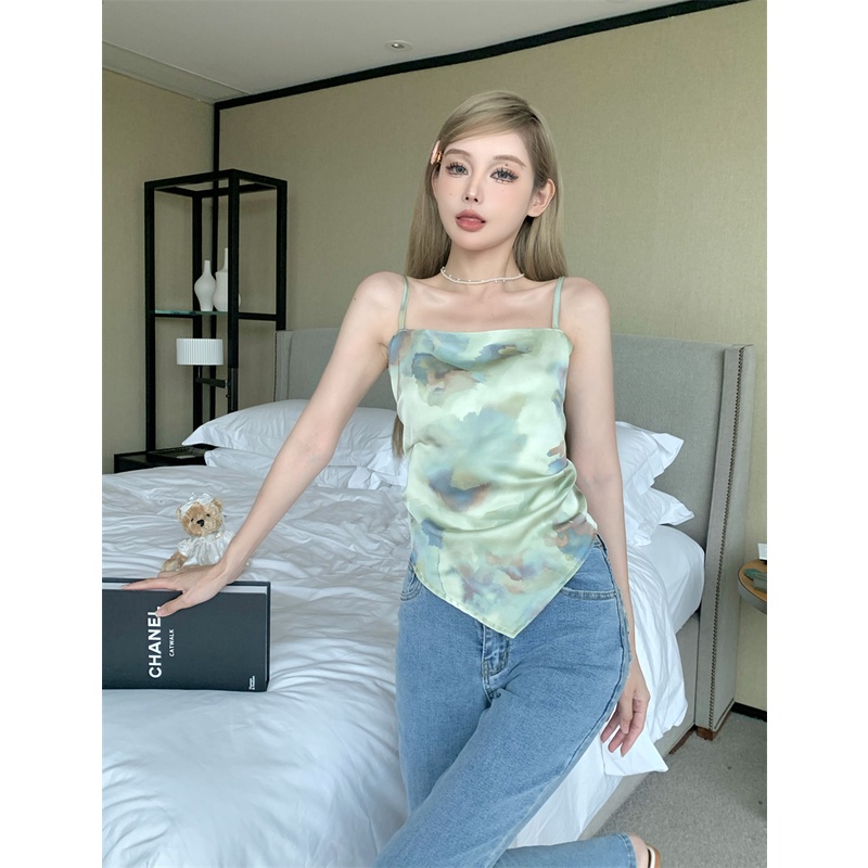 ✣﹍¤Suhao babes oil painting camisole women s summer short irregular backless bow with sexy blouse and crop top sexy tank top wanita motif