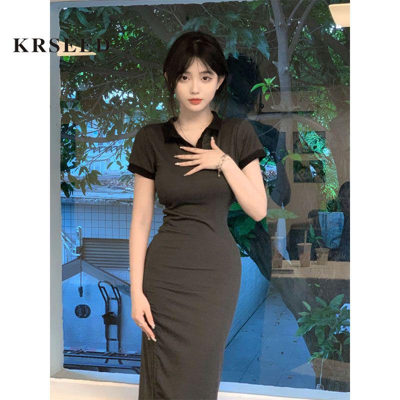 dress floral korea KRSEEDPure Desire ShoulderpoloGaun Wanita Lengan Pendek, Berkerah Musim Panas Sli