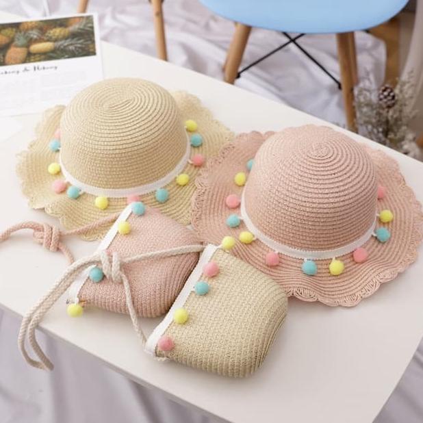 Topi pantai anak anyaman jerami dengan tas/Topi pantai anak/Topi jeram
