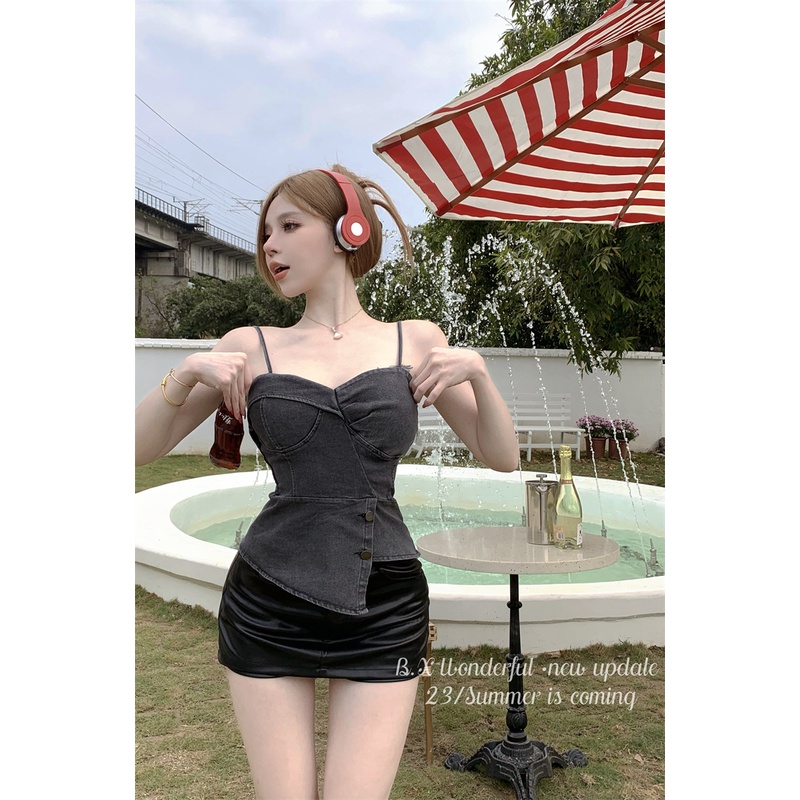 ↂ♘Suhao Babes Retro Denim Kamisol Wanita Musim Panas 2023 Baru Tidak Teratur Seksi Slim Fit Top Crop Top Seksi Tank Top wanita Motif