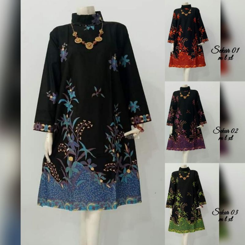 Baju Dress Batik Kantor Wanita Kerja Lengan Panjang Warna Hitam Jumbo Original Aksara Batik Pekalong