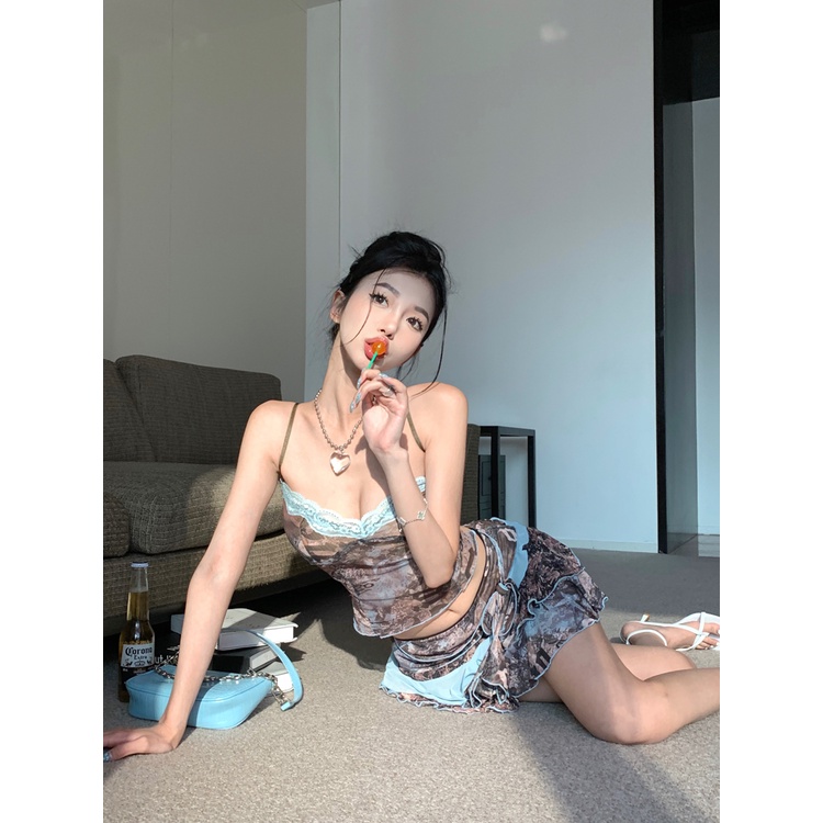 ✿✐❁Suhao Eropa dan Amerika hot girls tie-dye kamisol wanita musim panas gaya Amerika setelan rok pinggang tinggi rok mengacak-acak dua potong set crop top tank top seksi wanita motif