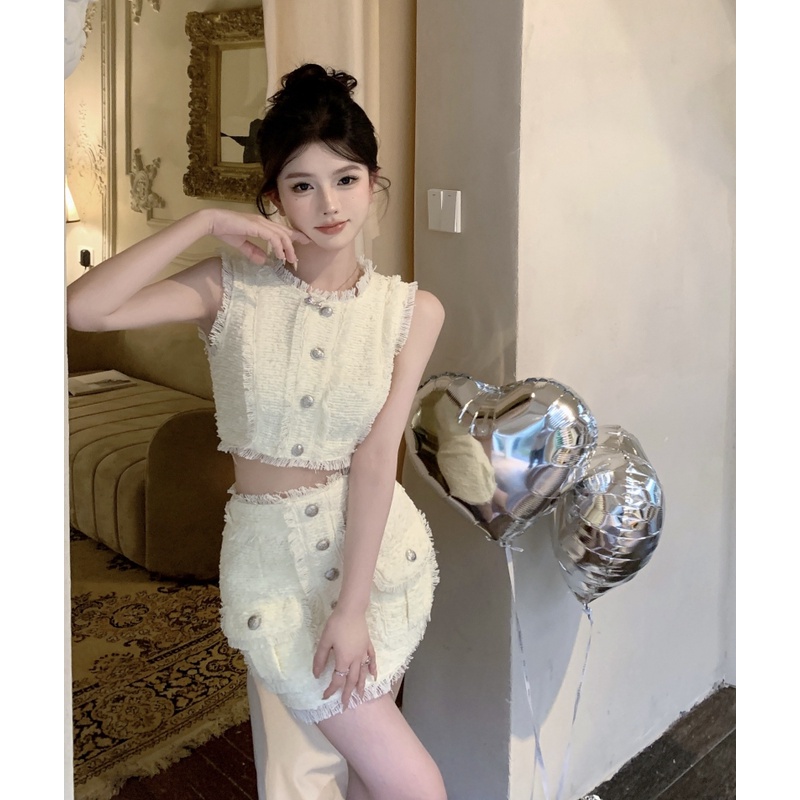 ▣Suhao kecil wewangian sesuai temperamen high-end kamisol top wanita musim panas rok tas pinggul rok two-piece set crop top sexy tank top wanita motif