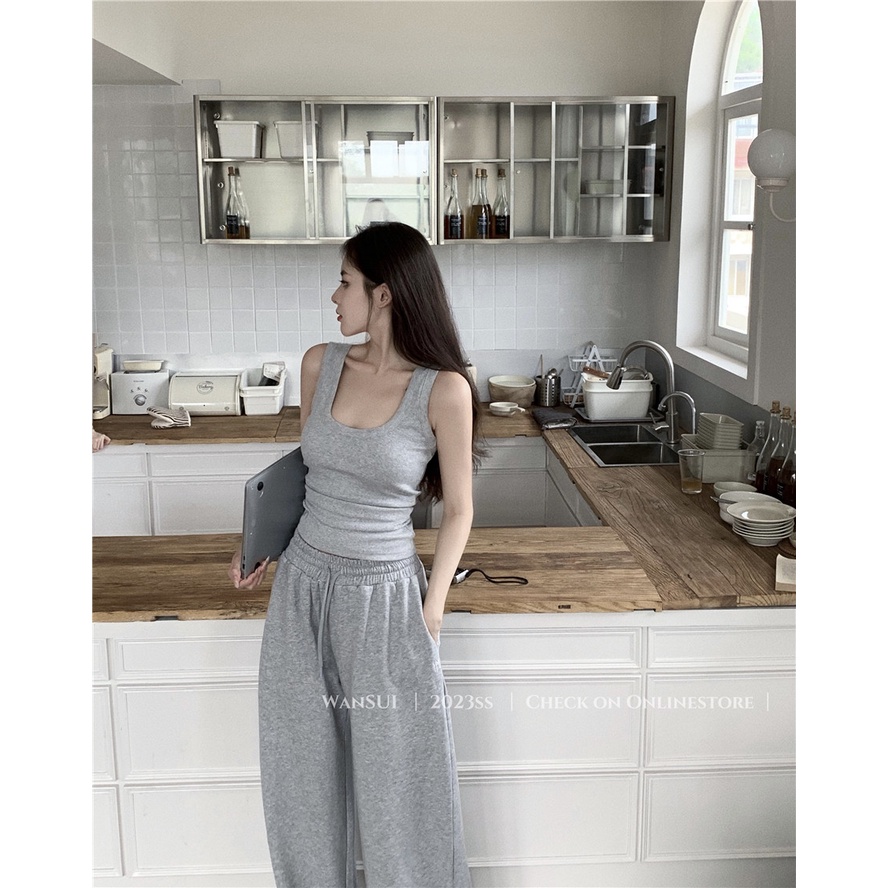 ☑﹊Suhao abu-abu retro kamisol wanita musim panas 2023 baru manis gadis seksi kerah persegi seksi pakaian dalam pendek top pakaian luar crop top seksi tank top wanita motif