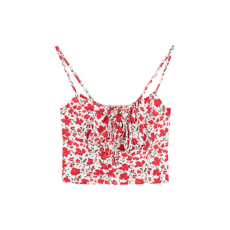 ◐Suhao Sweet Spice Girl Floral Camisole Wanita Musim Panas Pure Desire Backless Sleeveless Lace Up dengan Slim Short Tops Outerwear Crop Top Sexy Tank Top Wanita Motif