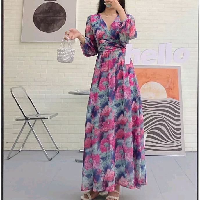 97790 Baju Maxidress longdress FLORAL VNECK MAXI DRESS lengan panjang dres Korea Korean style wanita