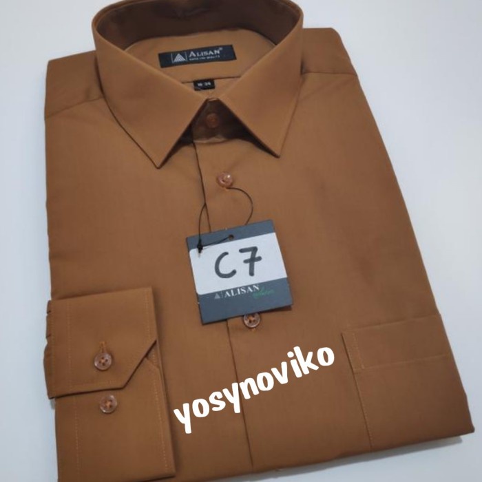 kemeja pria kemeja modern pria lengan panjang alisan polos coklat - coklat 7, 16 (XL)(F0T2) kemeja p