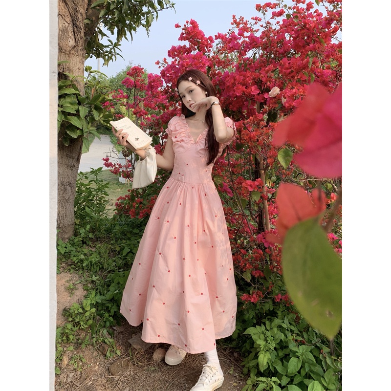 Red dreesTemperamen manis polka dot V-neck lengan pendek gaun wanita musim panas kayu sisi telinga pinggang A-line rok panjang sedang