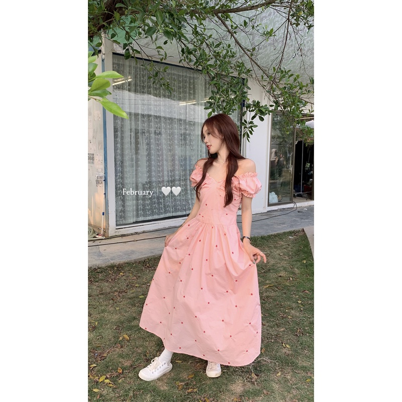 Red dreesTemperamen manis polka dot V-neck lengan pendek gaun wanita musim panas kayu sisi telinga pinggang A-line rok panjang sedang