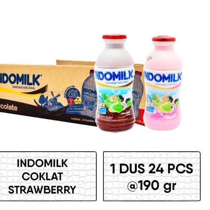 

TERLARIS SUSU INDOMILK BOTOL 190 ML X 24 SUSU UHT COKELAT | STROBERI buruan