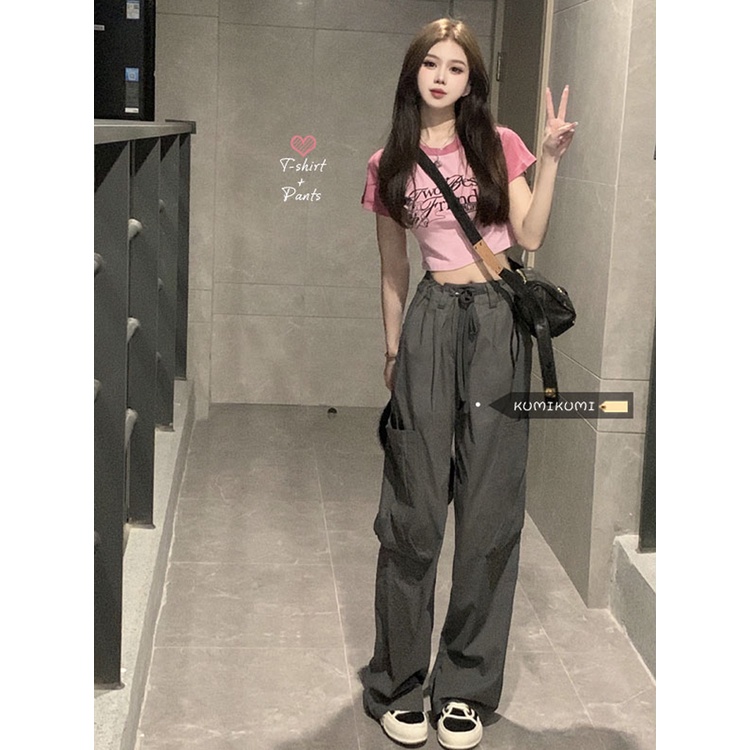 Red Fashion slim suit pink lengan pendek T-shirt top wanita kasual overall musim panas gadis dua potong tren