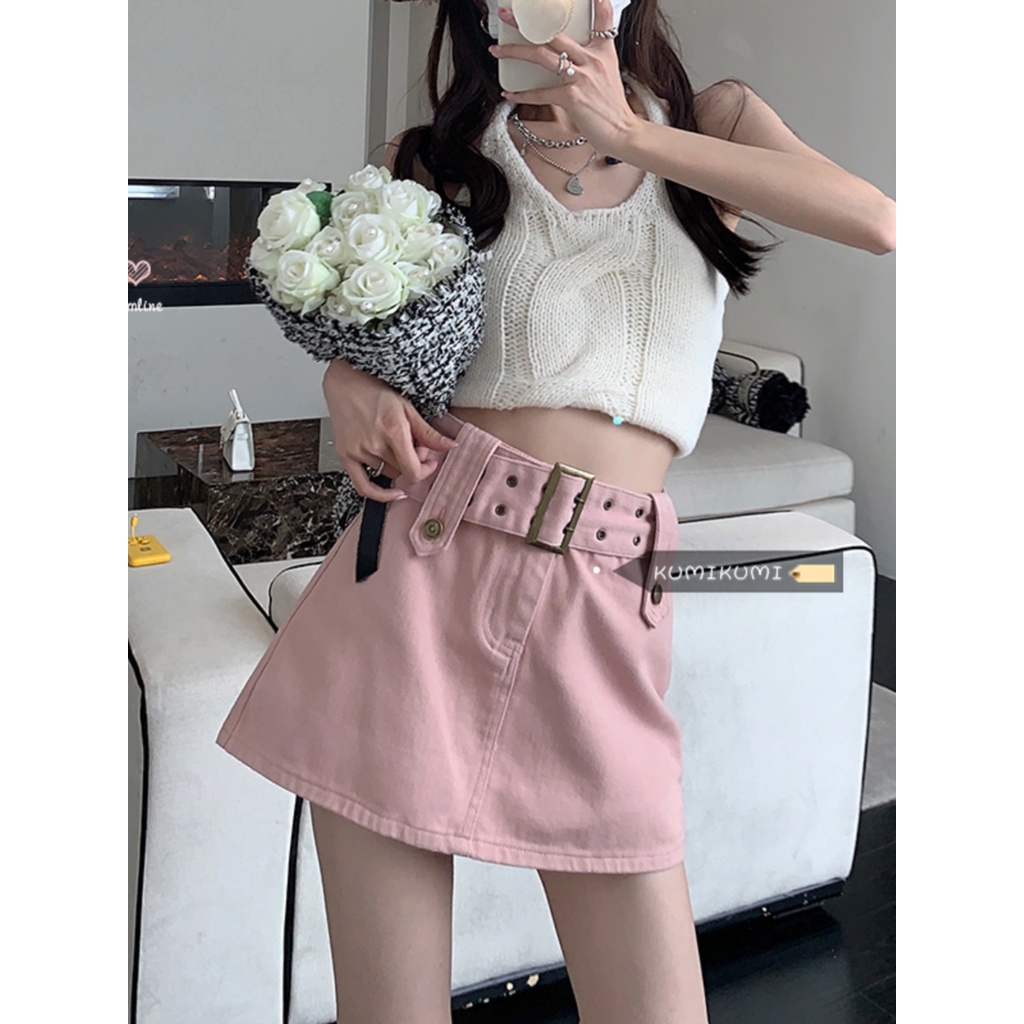 Red Hot girl A-line bag hip skirt summer anti-light skirt high waist short skirt slim denim skirt female pink skirt trendy