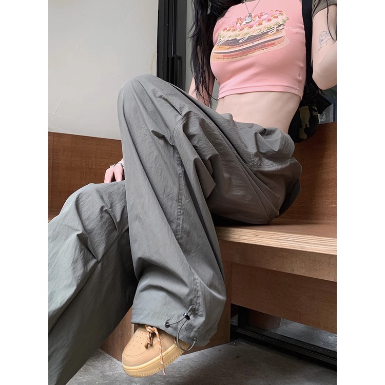 Red American retro hot gadis serut overall kasual lebar kaki celana wanita musim panas baru celana pinggang tinggi rasa desain celana