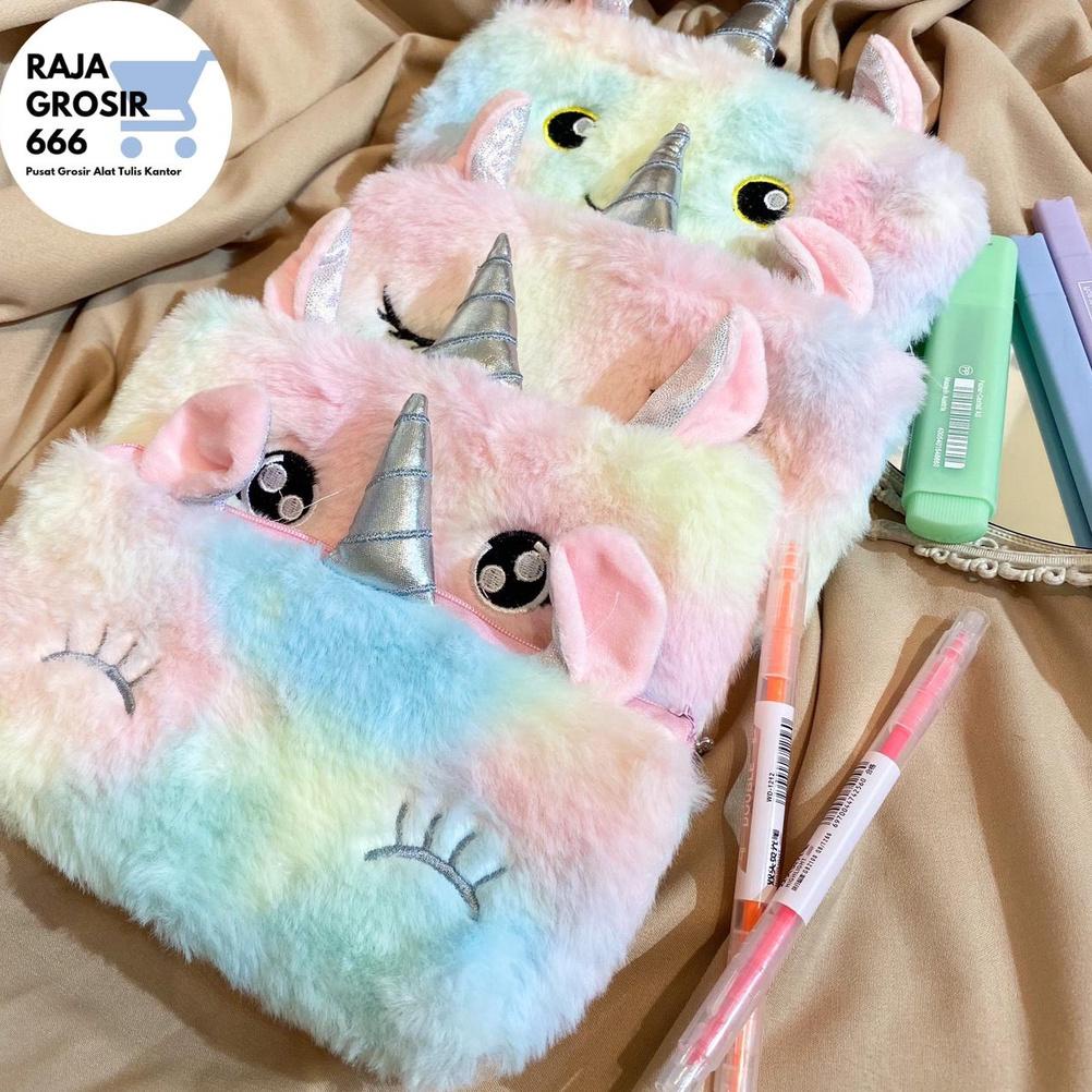 

49 Kotak pensil bulu unicorn muka mata wajah tepak tempat pencil case termurah bagus imut souvernir Ready Stock O～)
