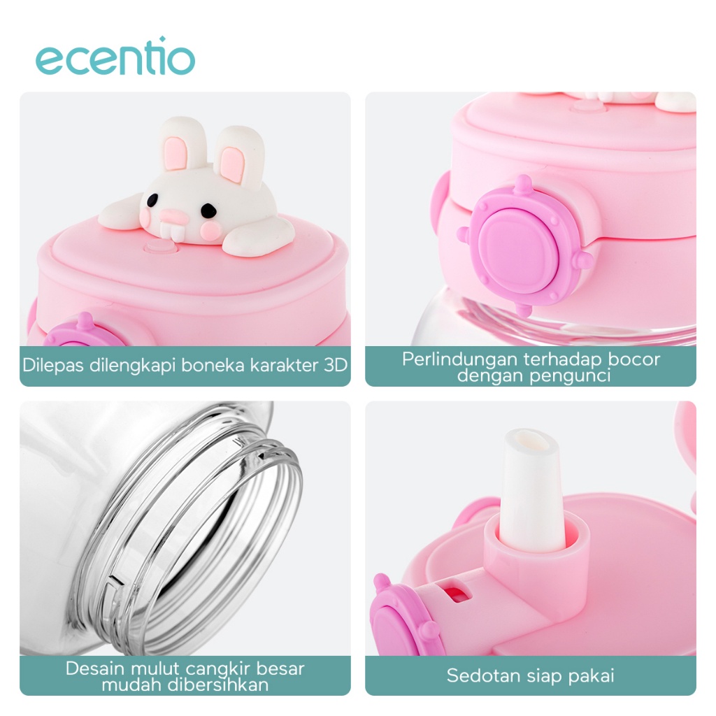 ecentio Botol tumbler Minum Anak Sedotan 1.2 L Lock Design Anti Bocor portable handle tali 3D Cartoon BPA FREE