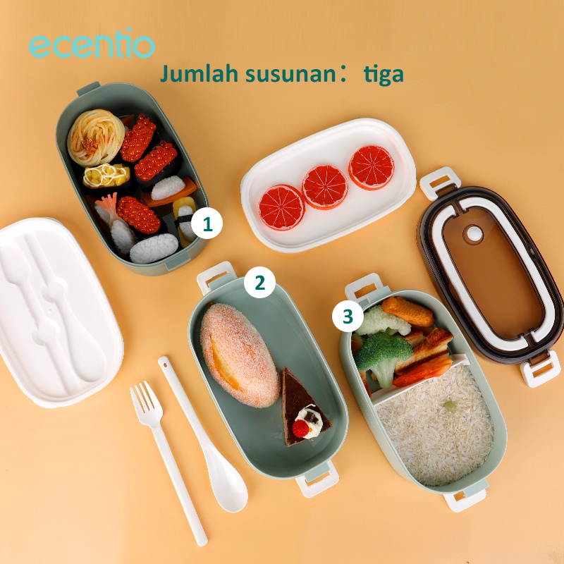 ecentio 2/3 susun kotak makan tempat makanan anti tumpah bento box tepak makan lunch box set free sendok