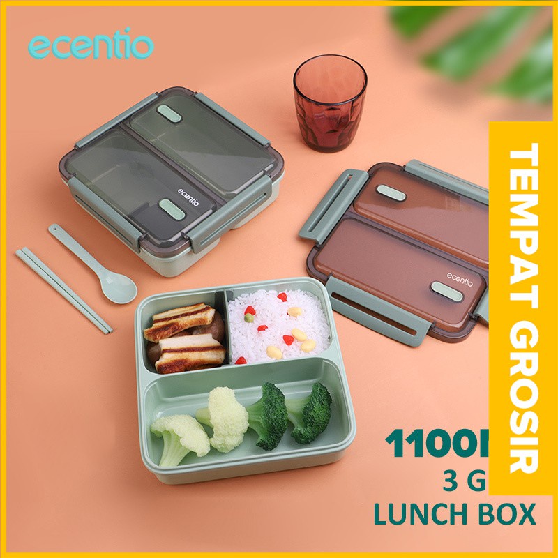 Ecentio 1100ml 3 grid lunch box anti bocor/ anti percikan kotak makan / free sendok&amp;sumpit /BPA FREE