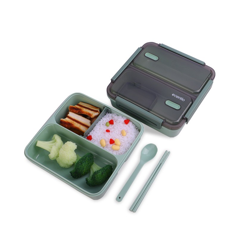 Ecentio 1100ml 3 grid lunch box anti bocor/ anti percikan kotak makan / free sendok&amp;sumpit /BPA FREE