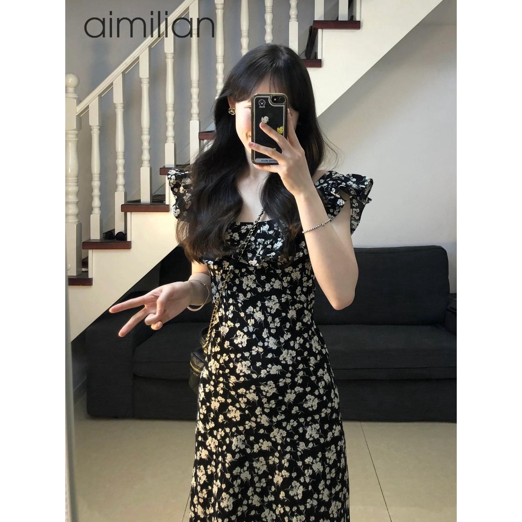 dress floral korea aimilianDress Musim Panas Wanita Hitam Shivering2023aKata Bertali Panjang Gaun