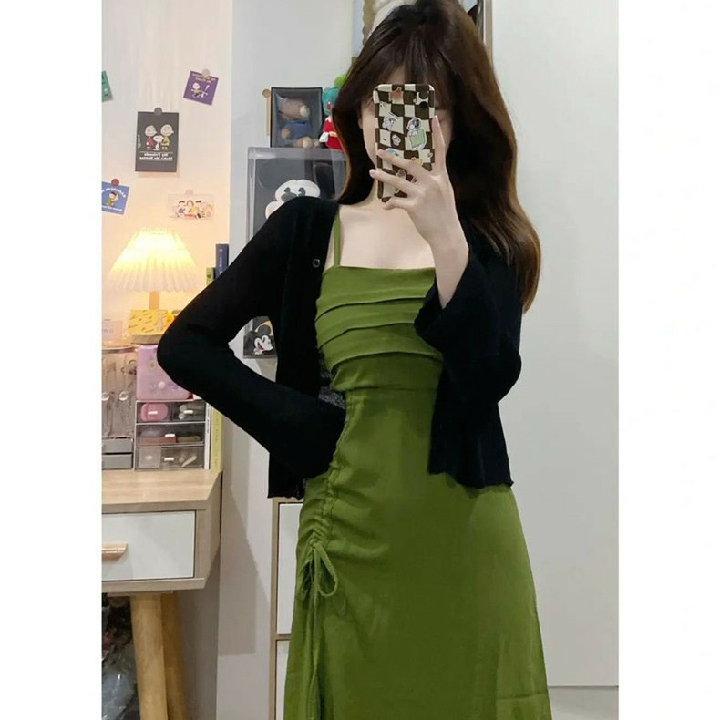 2023Gaun Hijau A-line Prancis, Gaun Ukuran Besar Selempang Tahan Matahari Dua Potong