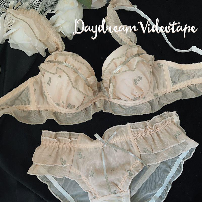 Kupu-kupu Aprikot Sayap Perak2.0~Set Bra Tanpa Kabel Retro Gaya Jepang, Set Bra Nirkabel Seksi Keing