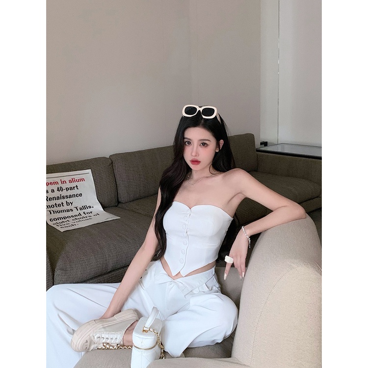 ﹉☫celana wanita impor pure desire style white tube top small vest women s summer hot girl one-shoulder bottoming shirt sexy short top outerwear pants wanita celana highwaist