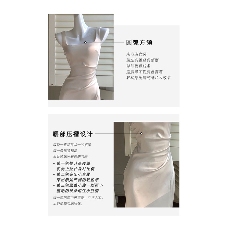 2023Gaun Satin Suspender Wanita, Gaun Ramping Setengah Panjang Prancis Musim Panas Warna Putih untuk