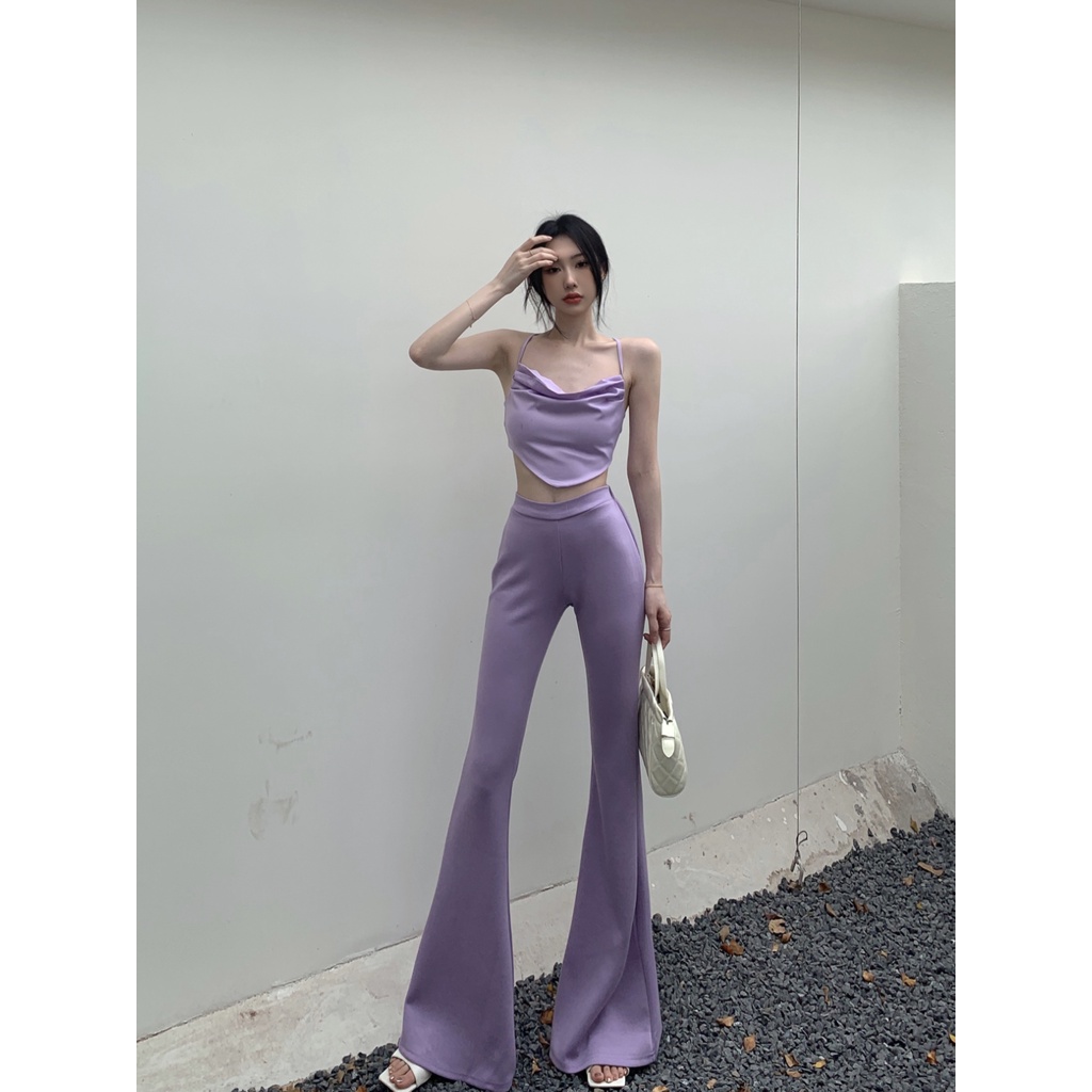 ┋celana wanita import hot girl camisole top women s summer suit small high waist flared trousers mengepel celana two-piece pants wanita celana highwaist