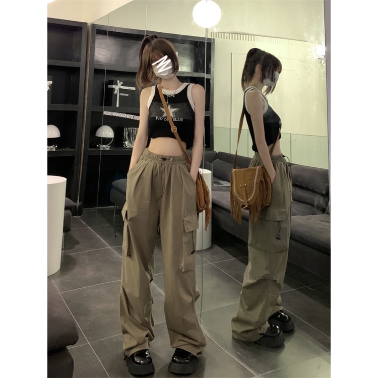 ❣celana wanita impor amerika retro serut overall kasual celana wanita musim panas high street longgar all-match lurus lebar kaki celana mengepel celana celana wanita celana highwaist