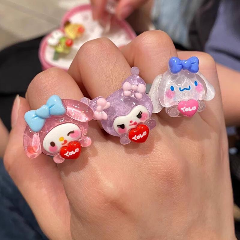 【Bayar di tempat】 Cincin Model Terbuka Desain Anjing Cinnamoroll Kulomi Bahan Resin Untuk Pasangan