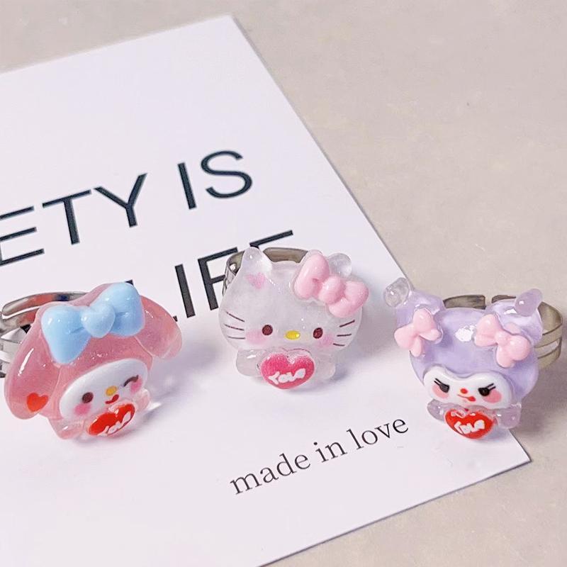 【Bayar di tempat】 Cincin Model Terbuka Desain Anjing Cinnamoroll Kulomi Bahan Resin Untuk Pasangan