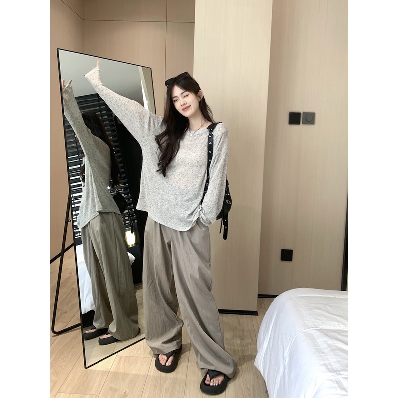 ☃☇❁celana wanita import lazy wind lengan panjang tabir surya t-shirt wanita musim panas 2023 baru bagian tipis tembus longgar atasan kasual dengan celana wanita celana highwaist