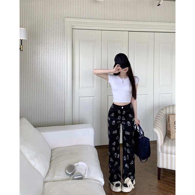 ✈celana wanita import black printed straight casual pants women s summer all-match loose heavy industry slimming narrow version drape wide-leg pants celana panjang celana wanita celana highwaist