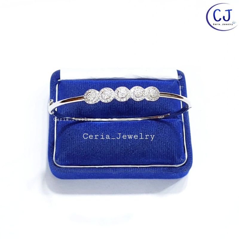 Gelang Tangan Wanita Perak Asli Silver 925 Lapis Emas Putih Model Bangle Bulat Variasi Permata Bulat bulat Full - Perhiasan Perak Asli