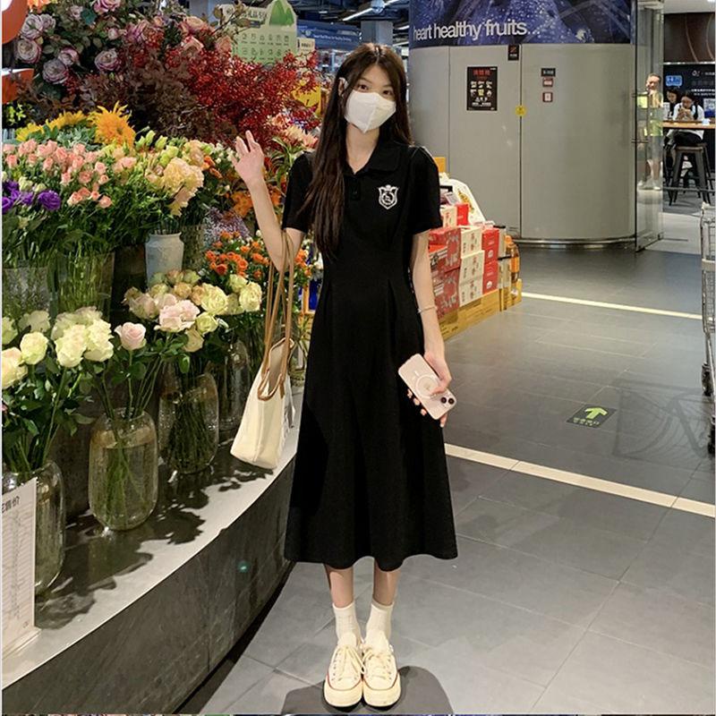 dress floral korea poloGaun Hitam Kecil Kerah untuk Wanita, Gaun Selutut Panjang Setengah Lutut, Gau