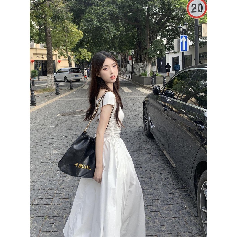 dress floral korea Musim Panas Lengan PendekTGaun Kaus Wanita Prancis Jahitan Kerah Persegi, Baju Pe