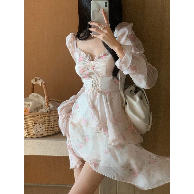 dress floral korea Gaun Lengan Puff Kerut Wanita, Pakaian Pinggang KetataRok Bunga Kata Asimetris