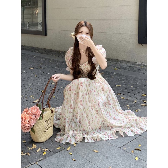 dress floral korea Gaun Musim Panas Bunga Kecil Wanita2023Gaun Pinggang Tinggi Ramping Prancis