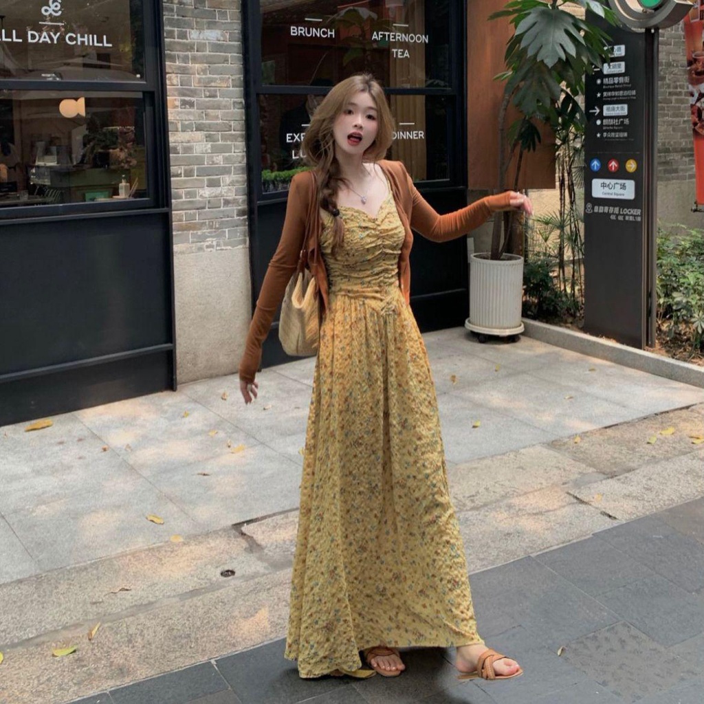 dress floral korea Gaun Wanita Tali Bunga Pinggang Panjang Setengah Perlindungan Matahari Kemeja Lua